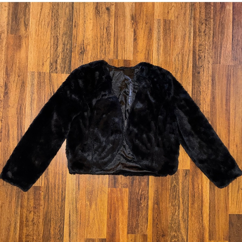 Black Faux Fur Cropped Jacket Open Front Bolero Shrug Evening Coat
